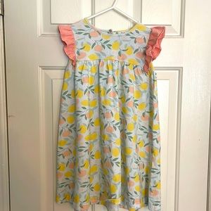 Stitchy Fish, size 6, ruffle sleeve dress. Peach, yellow, pale blue